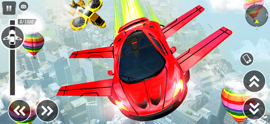 Flying Car: Robot Car Games - Un coche deportivo rojo con alas volando sobre el horizonte de una ciudad con globos aerostáticos de colores