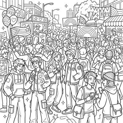 Dive into the energy of a vibrant teen festival with this detailed coloring page, capturing a bustling crowd in a moment of celebration and unity. Designed with intricate lines and trendy aesthetics, it's perfect for teenagers looking for a fun and engaging creative outlet.