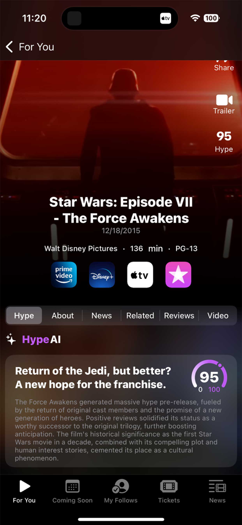 Página de detalles de la película Star Wars Episodio VII con puntuación HypeAI y opciones de streaming.