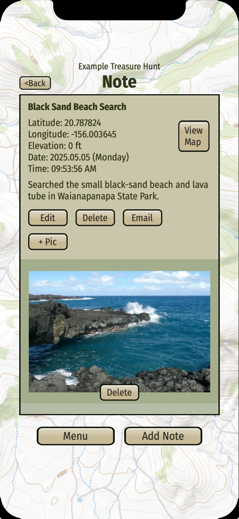 Treasure Hunt Helper - Interface of the Treasure Hunt Helper app showing a note with GPS coordinates elevation and a photo of a coastal location
