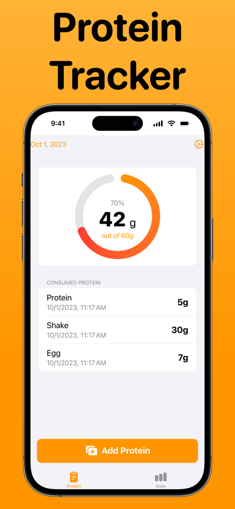 Protein Tracker. - Interfaz de la aplicación Protein Tracker que muestra un panel minimalista de ingesta diaria de proteínas con anillo de progreso y entradas de registro.