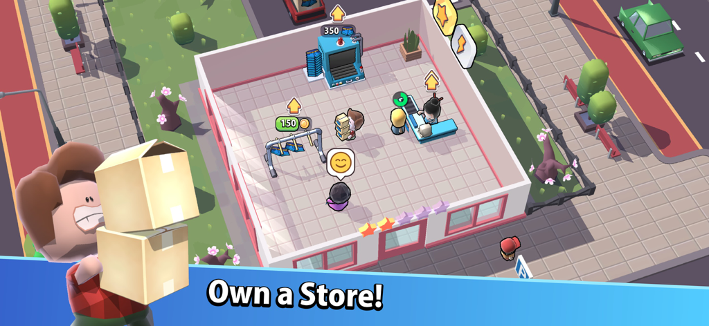 Mega Store: Supermarket Game - Isometric view of a character managing a mini store with the caption Own a Store in Mega Store Supermarket Game