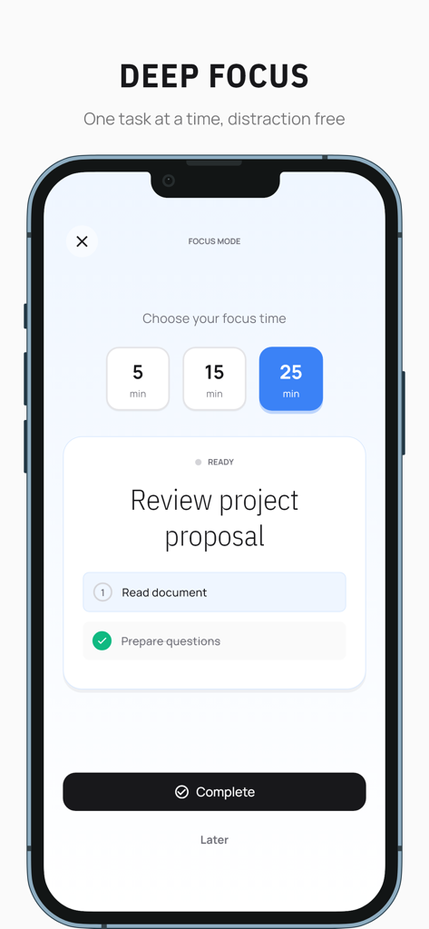 Zodo - Interfaz de la aplicación móvil Zodo que muestra el modo de enfoque con un temporizador de tareas y una lista de verificación para una concentración profunda