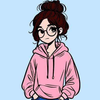 teen girl with a messy bun and glasses wearing a loose hoodie and jeans