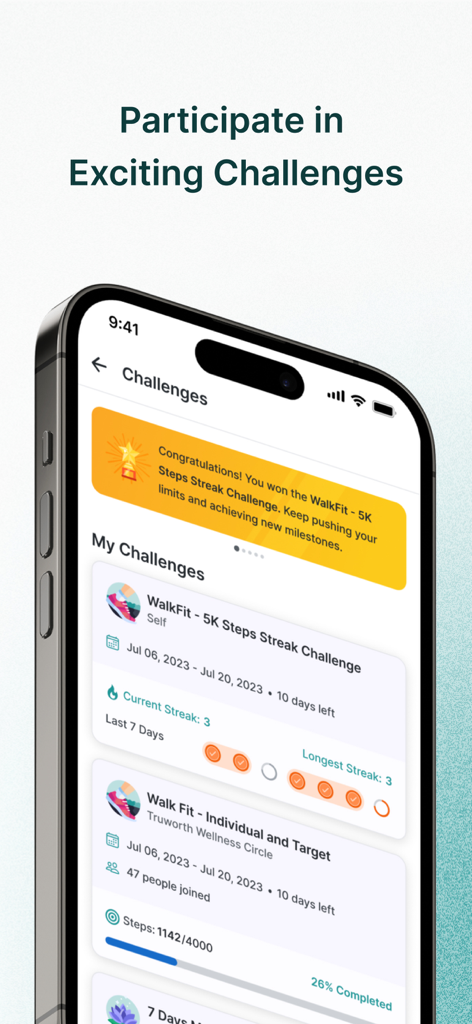 Interface da aplicação The Wellness Corner mostrando desafios de fitness e monitorização de passos num iPhone