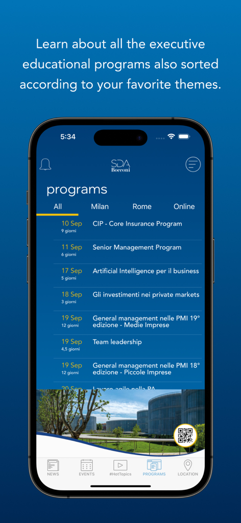 SDA Bocconi mobile app displaying a list of executive educational programs and courses