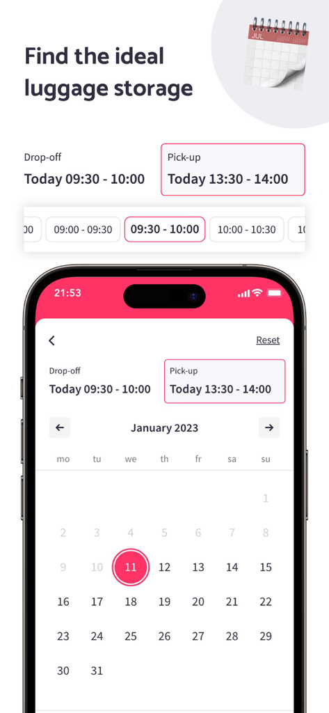 Nannybag - Luggage Storage - 낸니백 앱 인터페이스, 짐 보관을 위한 짐 맡기기 및 찾기 날짜 및 시간 선택