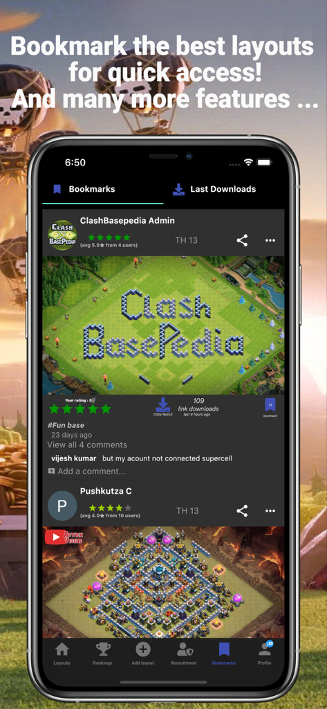 BasePedia for Clash of Clans - Mobile screen of BasePedia app showing saved Clash of Clans base layouts and user bookmarks.