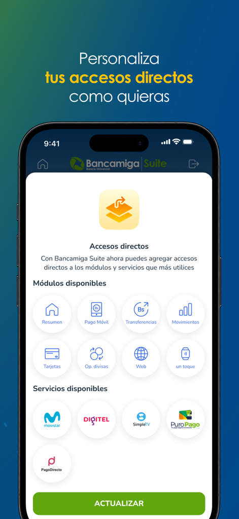 Bancamiga Suite - Bancamiga Suite screen for customizing mobile banking shortcuts and service payments