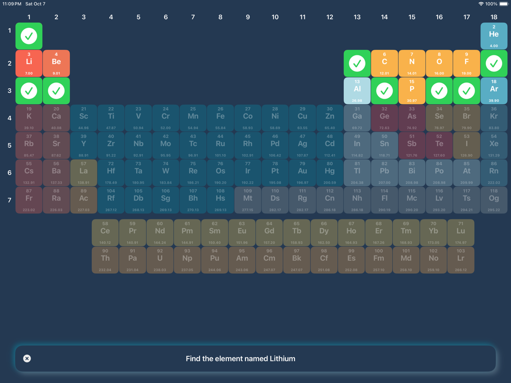 Chemistry Table: Learn+Explore - Quiz interactivo de la tabla periódica en la aplicación Chemistry Table pidiendo al usuario que encuentre el elemento Litio