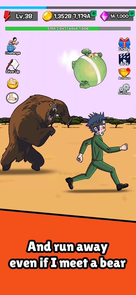 Tap Tap Run | Speed Clicker - A character in a green tracksuit running away from a large brown bear in the Tap Tap Run mobile game.