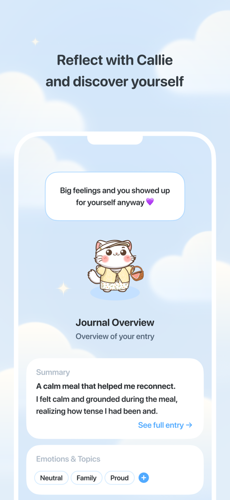 A journal overview screen from the Callie app displaying a self care reflection and emotional tags