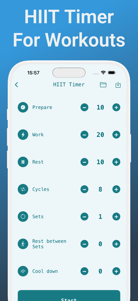 Countdown Timer Aqua Hourglass - HIIT timer setup screen in Countdown Timer Aqua showing settings for preparation work and rest cycles
