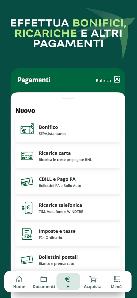 BNL mobile app interface displaying the payments menu with options for bank transfers card top ups and bill payments
