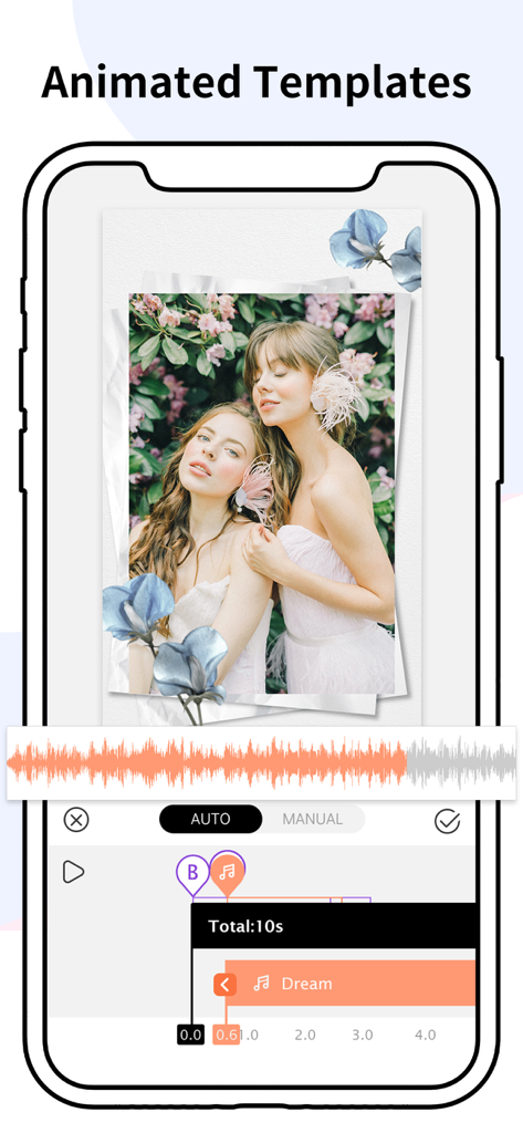 Interface of the Story Art app showing a video editing screen with an animated template and music track controls for Instagram stories