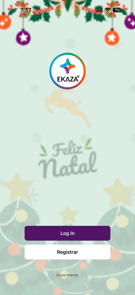 Login screen of the EKAZA smart home app with a festive holiday background and buttons for log in and registration
