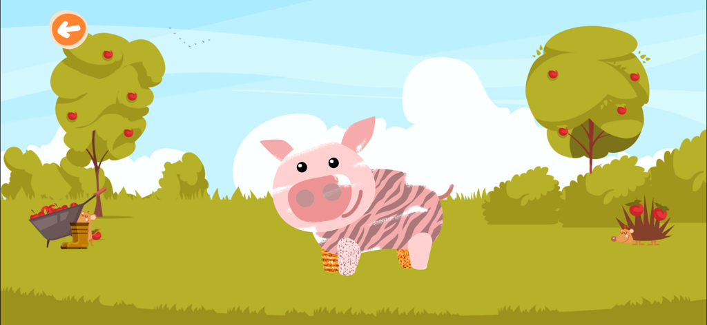 Kidify: Kids Color, Play, Talk - A striped pink pig in a cartoon meadow with apple trees and a hedgehog from the Kidify educational app