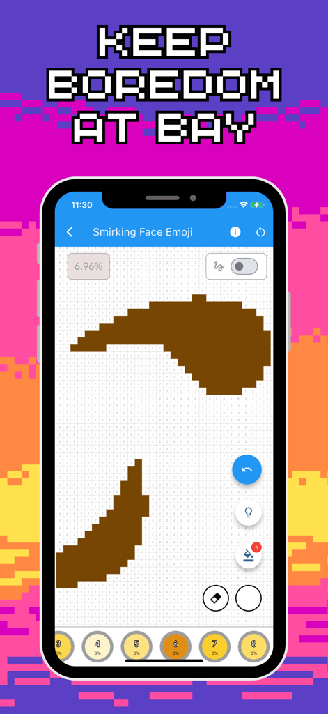 Color by Number: Paint & Draw - Una pantalla de teléfono móvil que muestra una interfaz de coloreado pixel art de un emoji de cara sonriente con opciones de pintura numeradas en la parte inferior.