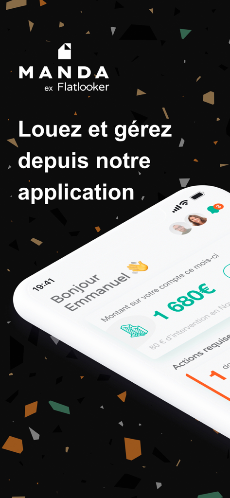 Interface de l'application mobile Manda montrant un tableau de bord de gestion immobilière avec les revenus mensuels et les tâches
