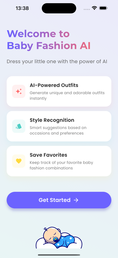 AI Fashion for Baby - The welcome screen of the AI Fashion for Baby app highlighting AI-powered outfits and style recognition features.