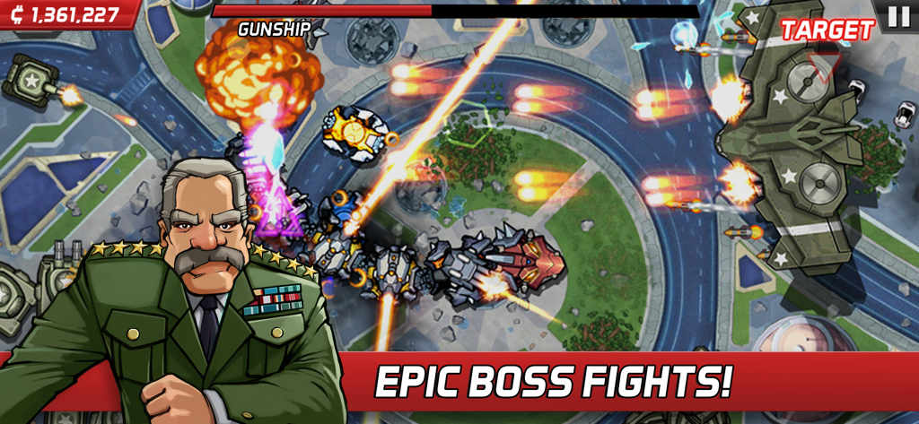 Colossatron - A general character overlooks a chaotic city battle between the Colossatron robotic snake and a giant military gunship.