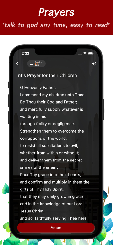 A mobile app screen from iPray with Audio Bible displaying a prayer for children with an Amen button