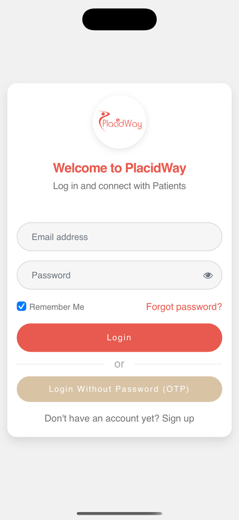 Login page for PlacidTracks CRM medical tourism management app.