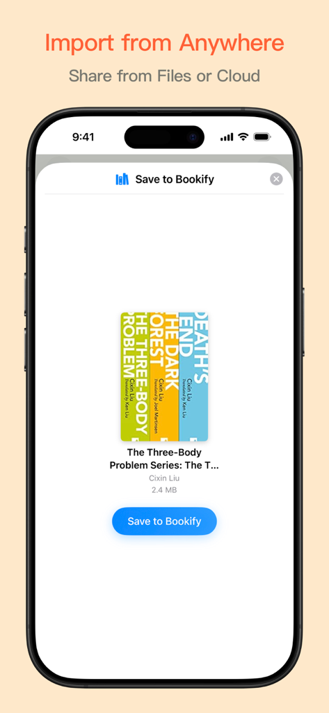 Bookify: Send to Kindle - Captura de pantalla de la interfaz de la aplicación Bookify que muestra el proceso de importación de un ebook desde los archivos del móvil.