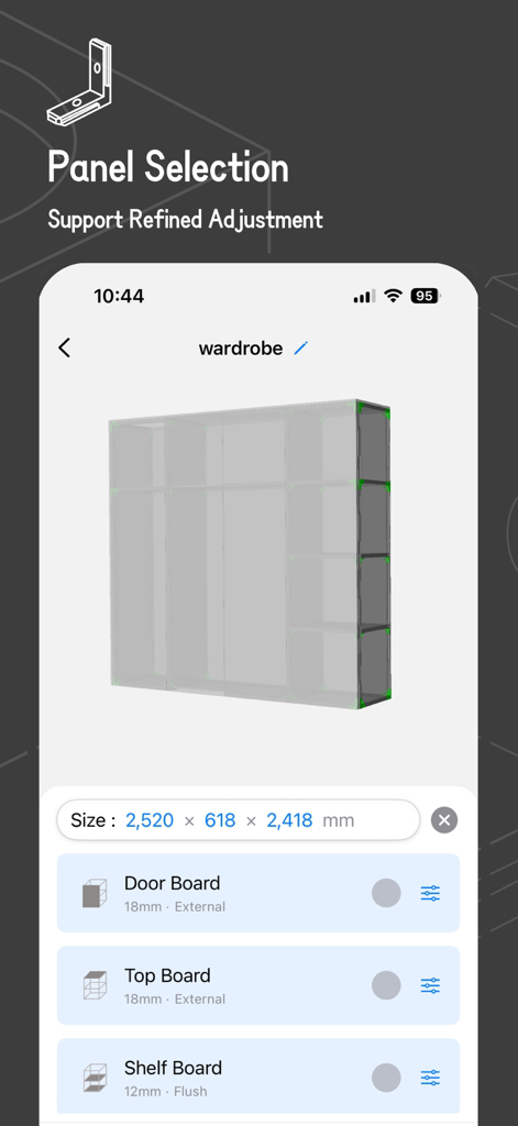 iMake-Profile Furniture Design - A 3D wardrobe model within the iMake app featuring customizable panel and board settings.
