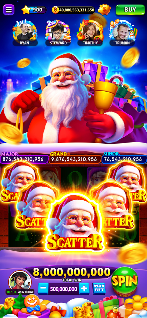 Pantalla de juego de máquina tragamonedas temática de Papá Noel en Cash Club Casino mostrando una gran victoria con gráficos festivos