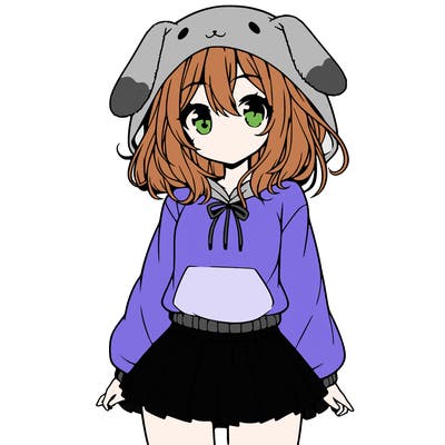 pretty anime girl wearing a fluffy hoodie with bunny ears on the hood and a skirt