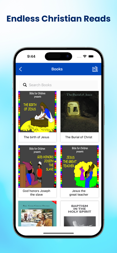 John Gill's Bible Commentary. - A library screen in the John Gill Bible Commentary app displaying a list of Christian books and children's Bible stories.