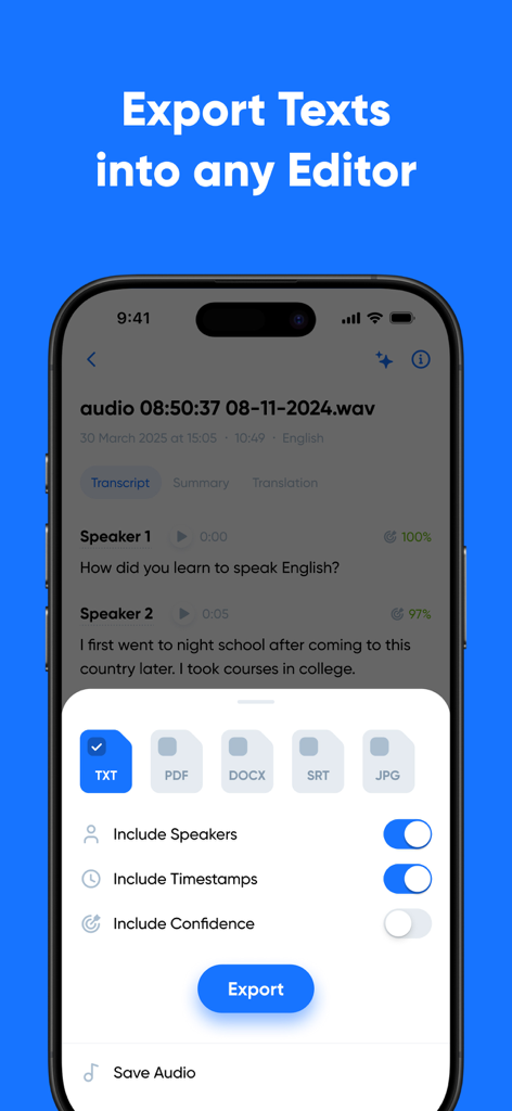 話者とタイムスタンプのトグルを備えたTXT、PDF、DOCX、SRTファイル形式のオプションを示すTranscribeアプリのエクスポート画面。
