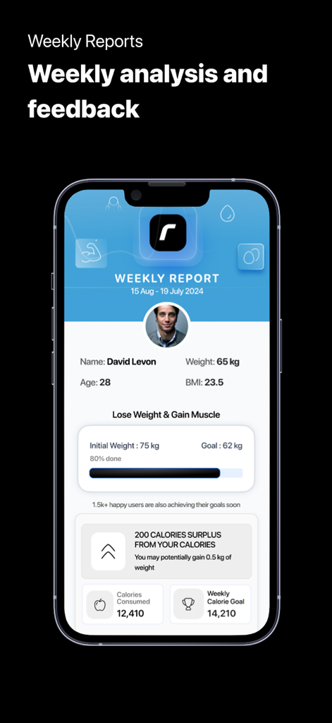 Reshape – Fat Loss & Fitness - A mobile screen showing the Reshape app weekly report with personalized fitness progress and calorie tracking analysis.