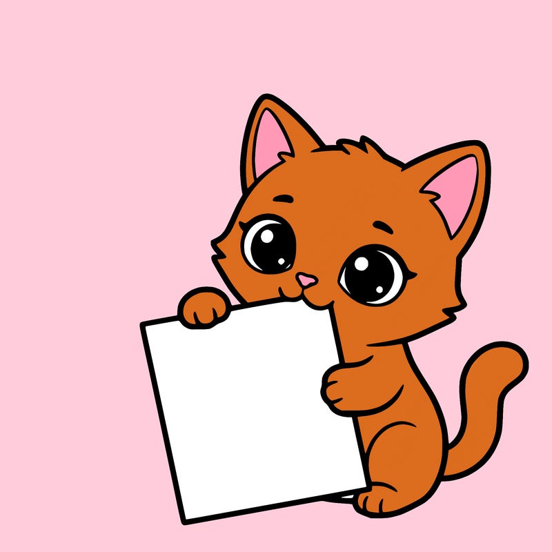 a small cat with a blank sheet of paper in its hand. the cat is sooooooo cute!