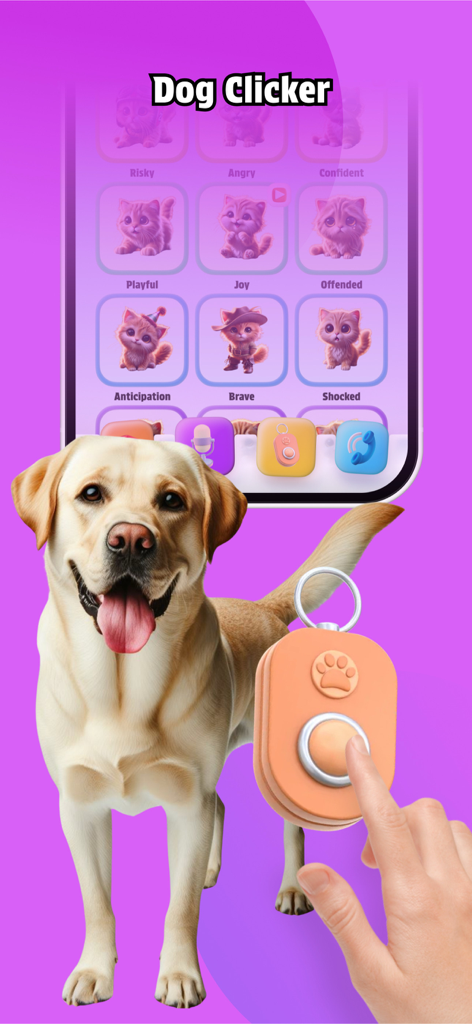 AI Pawsome: CatDog Translator - Interface do aplicativo AI Pawsome mostrando a ferramenta de clicker para cães e uma variedade de ícones de humor de gatos