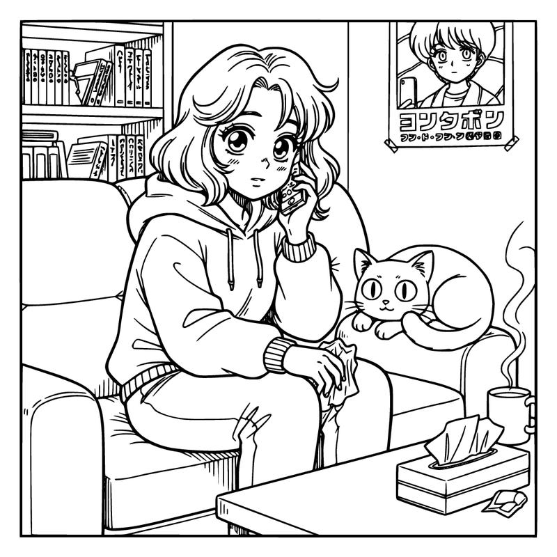 teen girl in a sweatsuit on a couch on her phone sick