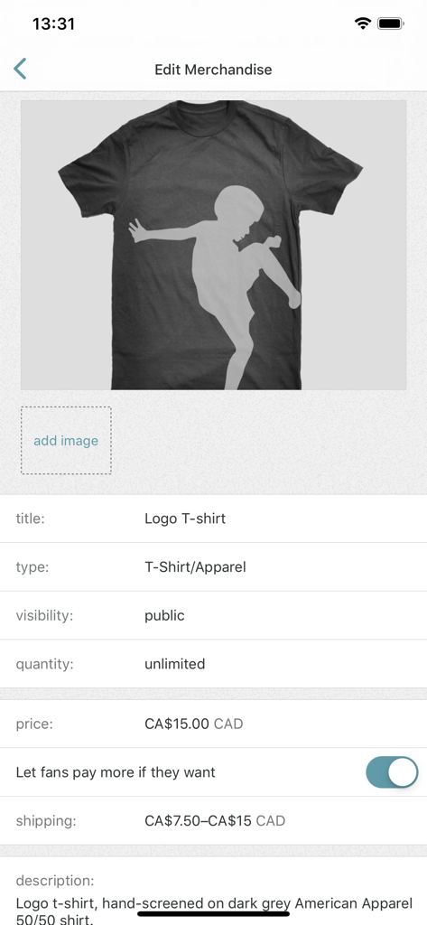 Bandcamp for Artists & Labels - The edit merchandise screen in the Bandcamp for Artists app showing details for a logo t-shirt including price and shipping options