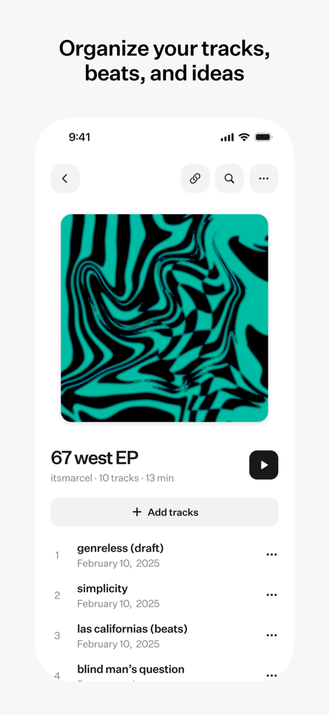 A screenshot of the untitled app showing a music project tracklist and cover art