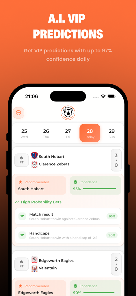 AI Betting Prediction - Pantalla de la aplicación Predicción de Apuestas IA que muestra consejos deportivos VIP y análisis de partidos de alta confianza