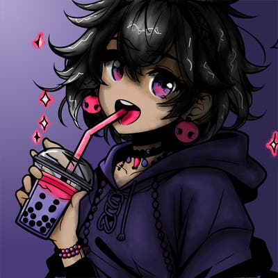 hot baddie anime girl drinking boba and biting the straw