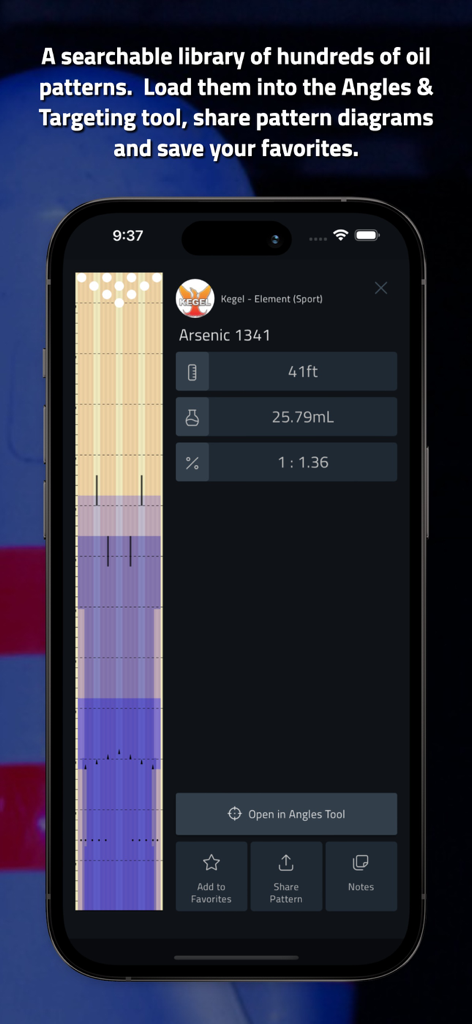 Tenpin Toolkit: Bowling Tools - A screenshot of the Tenpin Toolkit app showing a detailed bowling oil pattern diagram and statistics.
