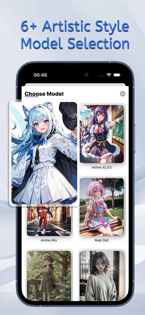 AI Art Generator - SD Anime - Interfaz de la aplicación AI Art Generator que muestra diferentes modelos de estilo artístico como Anime XL3.0 y Anime Mix