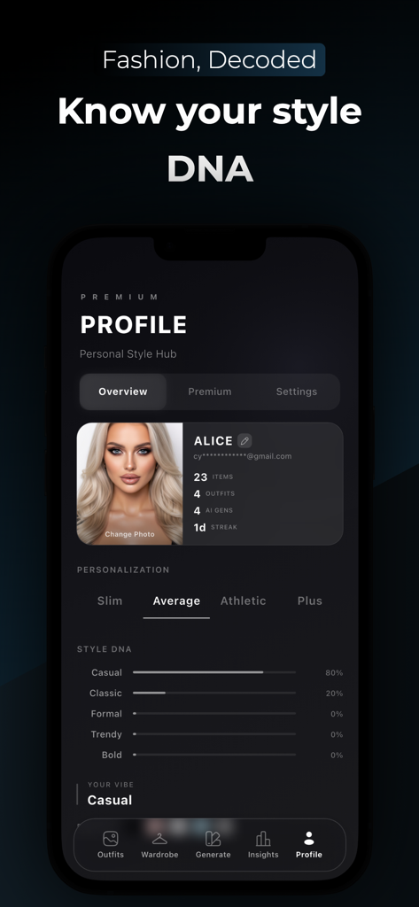 SELION.AI - SELION.AI app profile interface showing style DNA analysis and body type personalization settings.