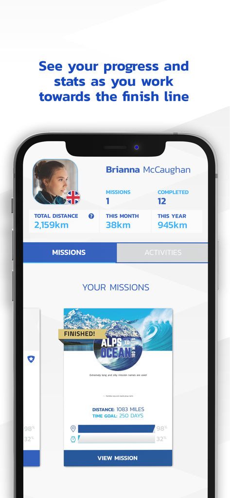 Smartphone screen displaying My Virtual Mission app user profile with fitness stats and completed mission progress