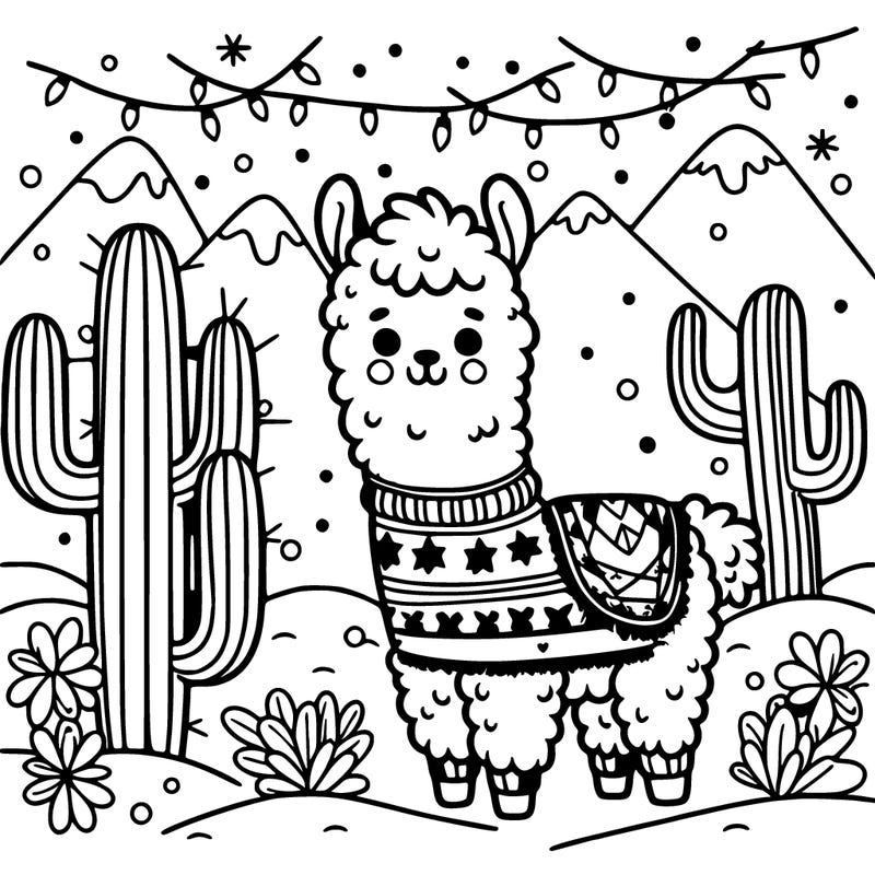 cute llama wearing a festive sweater standing in a snowy south american landscape with cacti adorned with christmas lights