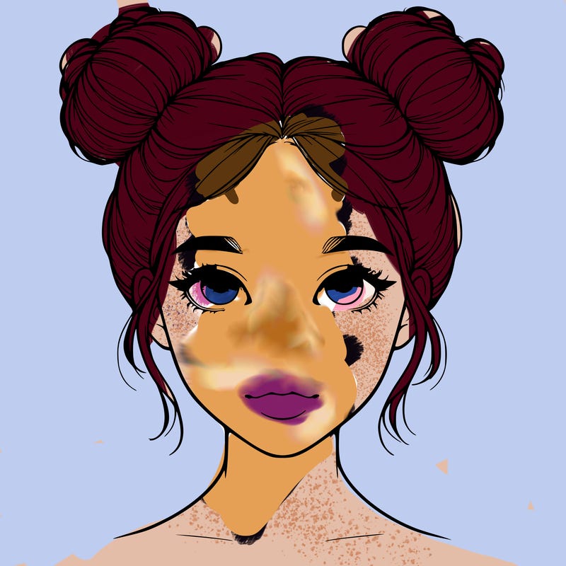 realistic girl with two buns on top of her head