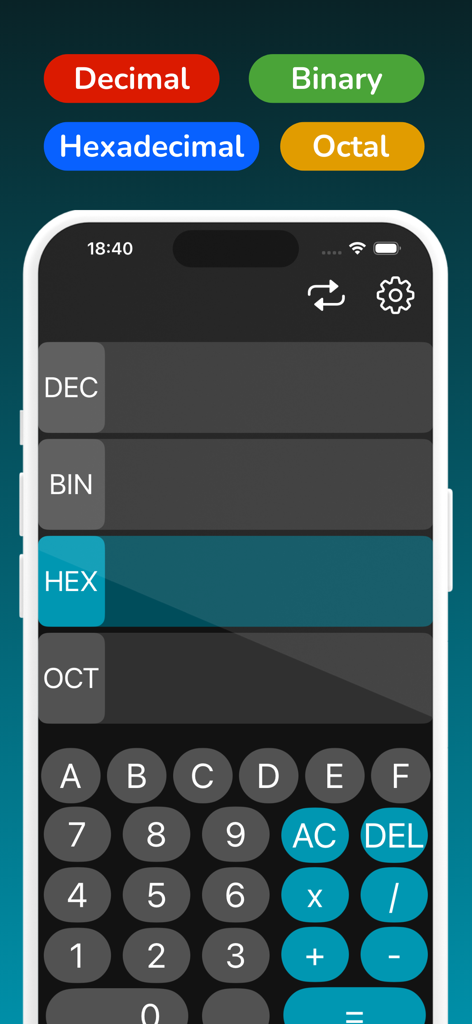 Converter Binary Calculator - Interfaz de la aplicación Calculadora Convertidora Binaria que muestra campos de conversión decimal binario hexadecimal y octal con un teclado especializado