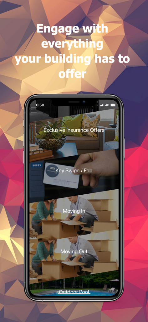 Schermata dell'app Stratafy che mostra opzioni per servizi dell'edificio tra cui trasloco, accesso alle chiavi e servizi della piscina.