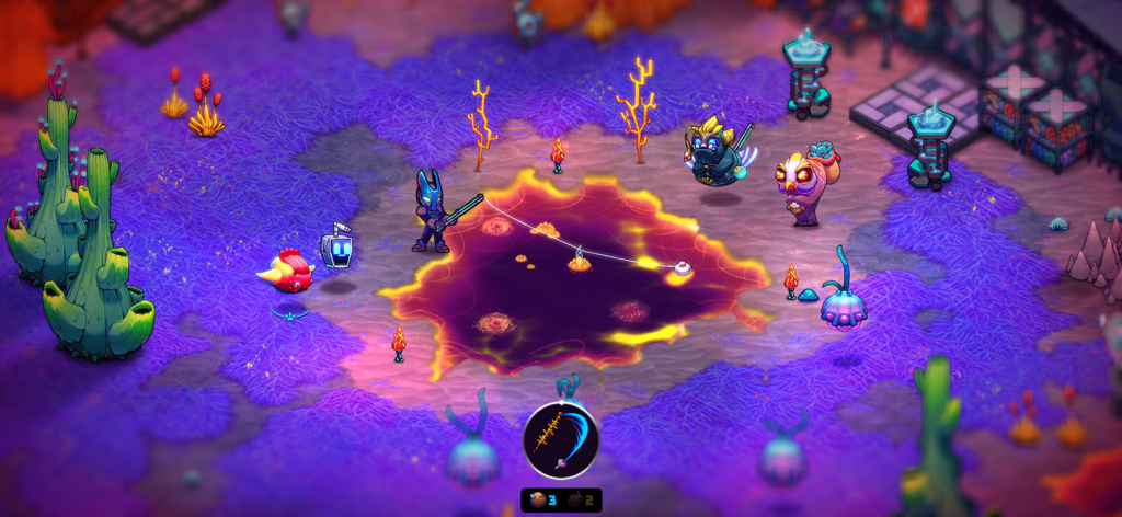 Crashlands 2 - 紫色の風景にいる光る池で釣りをしているFlux Dabes、周囲にはエイリアンのクリーチャーがいる、Crashlands 2